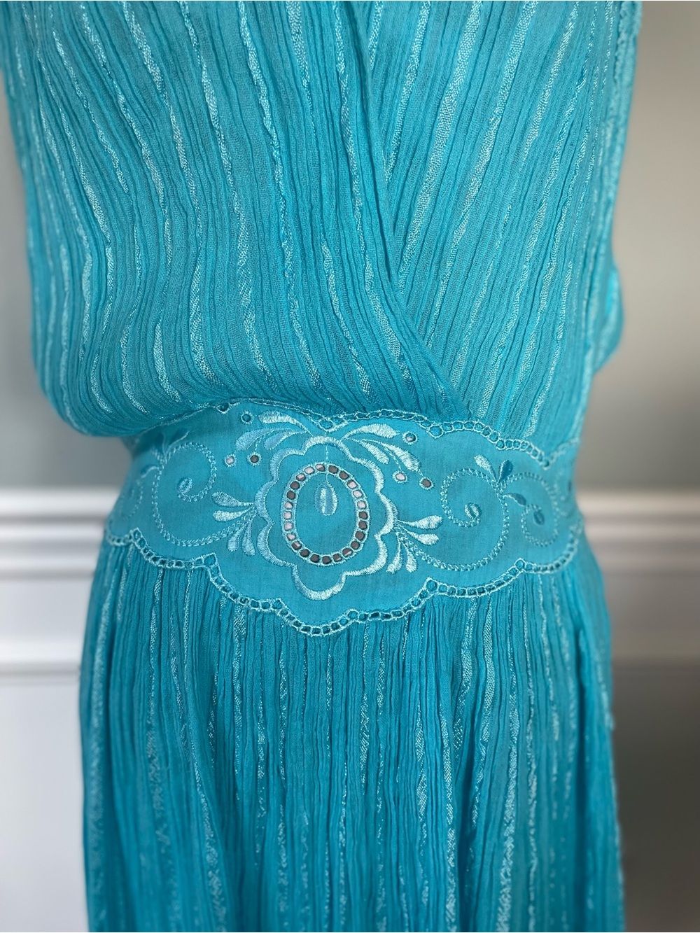 Made in Greece Turquoise Blue Pleated Embellished Waist Maxi Dress Size XL - Picture 5 of 9